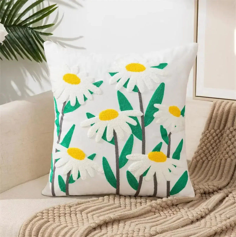 Boho Floral Tufted Cotton Throw Pillow Cover for Couch and Bed by Axyaa