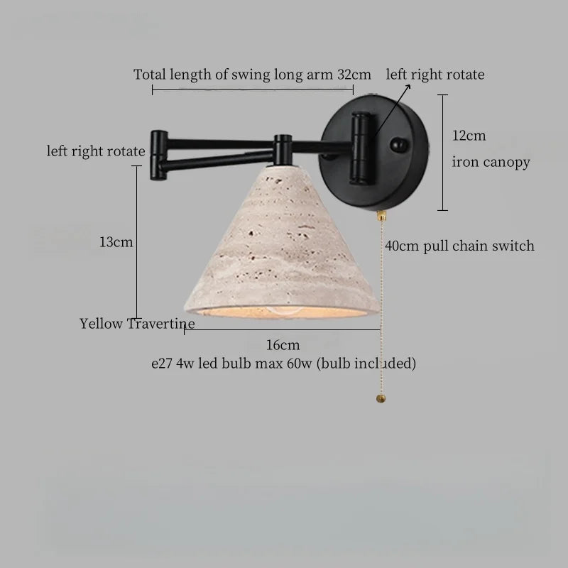 Axyaa Nordic Minimalism LED Wall Sconce Yellow Travertine Pull Chain Switch