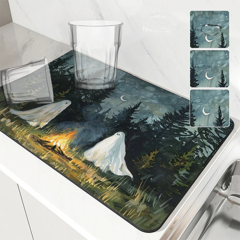 Axyaa Halloween Desk Drain Pad: Heat Resistant Dish Drying Mat, Non-slip Kitchen Placemat
