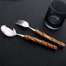 Axyaa 24Pcs Stainless Steel Bamboo Handle Cutlery Set Dinnerware Flatware