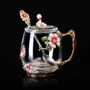 Enamel Flower Tea Glass Mug with Lid & Spoon by Axyaa