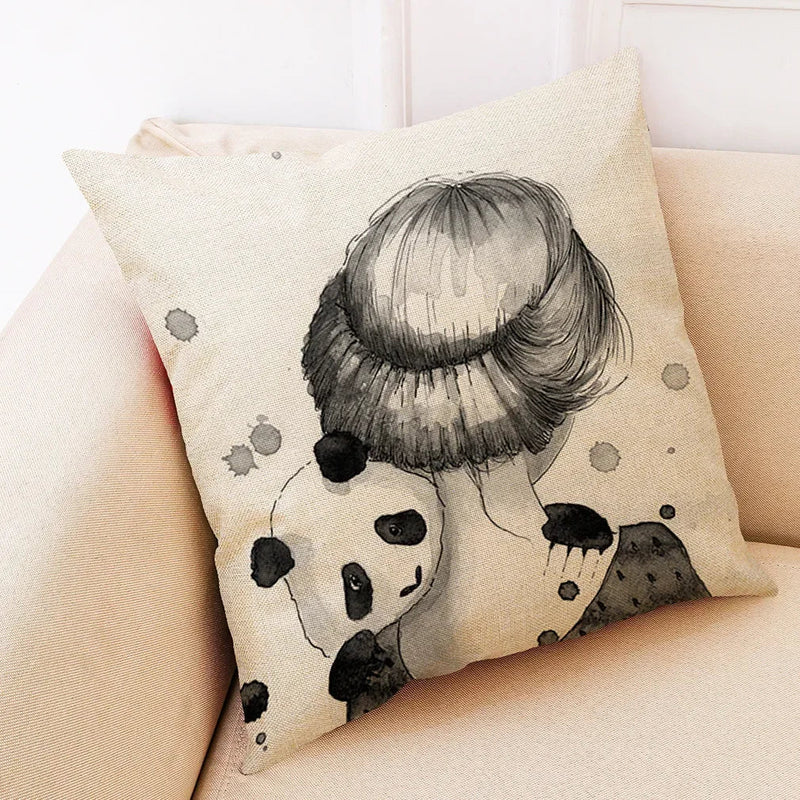 Axyaa Panda Linen Pillowcase 45*45cm - Office Sofa Decor Sans Car Cushion Cover