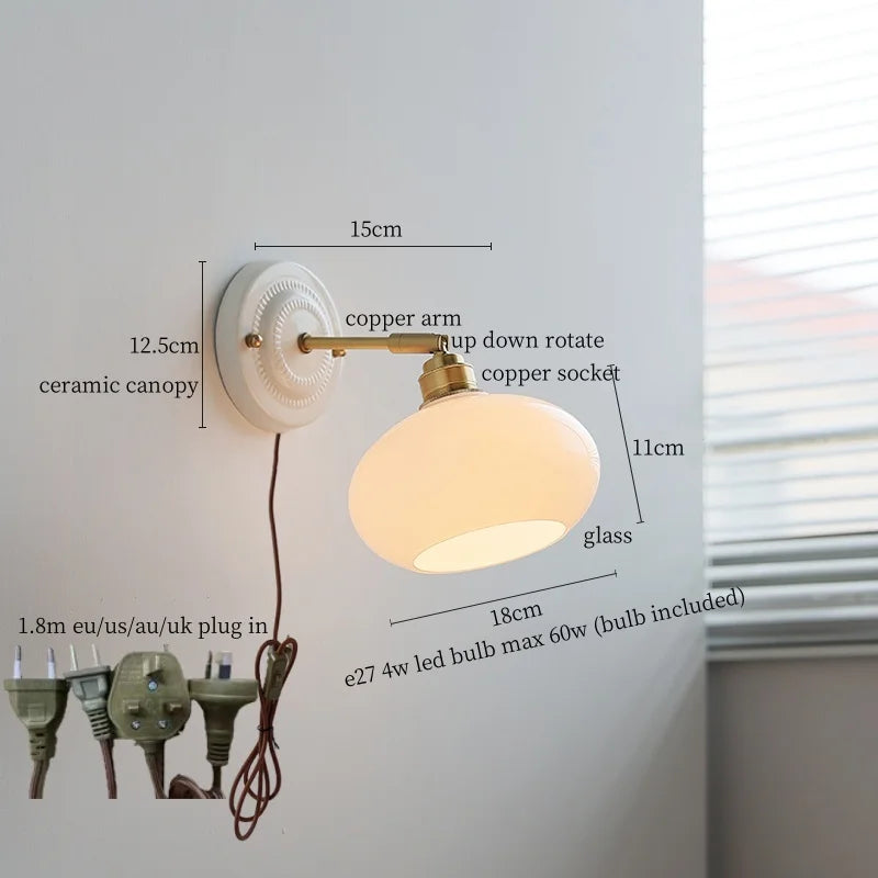 Axyaa White Glass LED Wall Light with Pull Chain Switch for Bedroom, Living Room, or Stairway