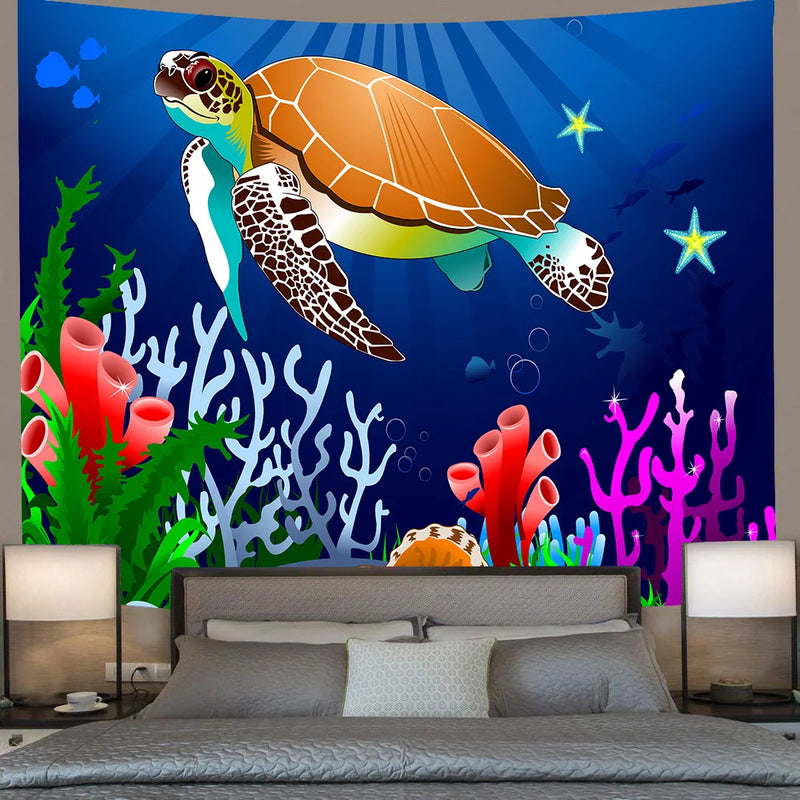 Beach Turtle Tapestry Coconut Tree Wave Wall Hanging Towel Room Decor by Axyaa