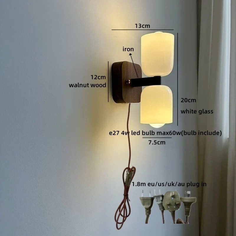 Axyaa Nordic LED Wall Sconce Glass Walnut Wood Modern Bathroom Mirror Stair Light