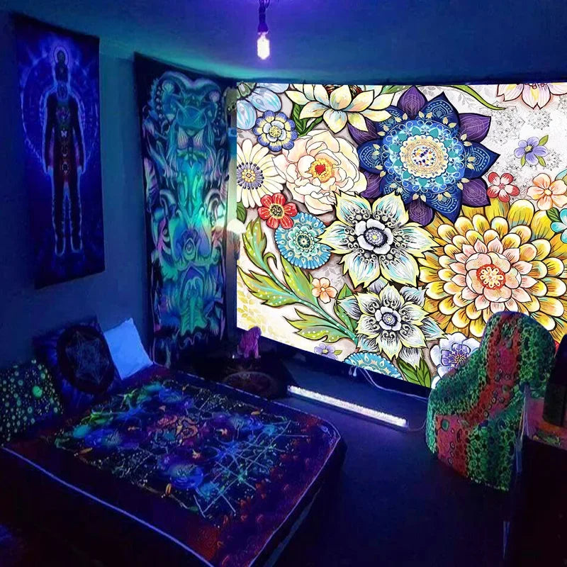 Axyaa Black Light Tapestry - UV Reactive Psychedelic World Hippie Wall Hanging