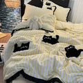 Axyaa Green Stripe Black Cat Embroidery Cotton Duvet Cover Set