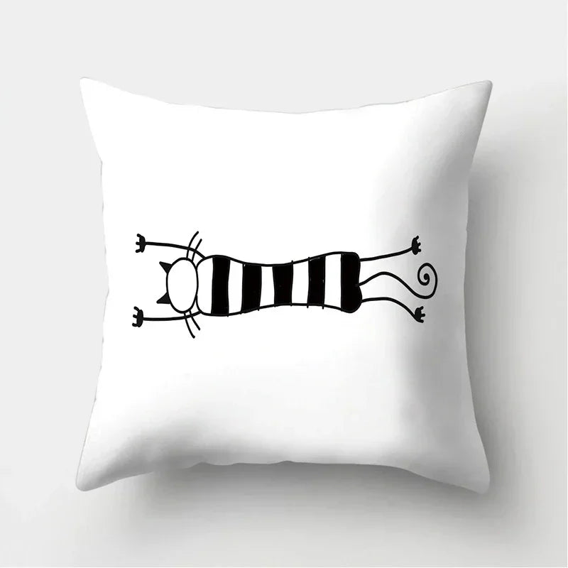 Axyaa Black & White Cat Pattern Cushion Cover for Living Room, Bedroom & Sofa