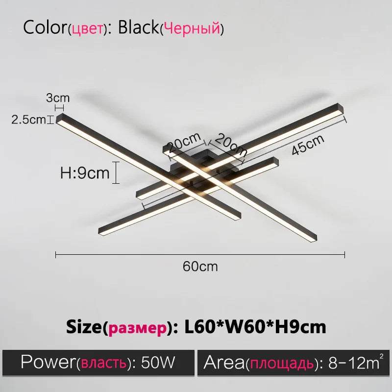 Axyaa Black Chandelier Square LED Ceiling Lamp - Nordic Minimalist Creative Strip Lights