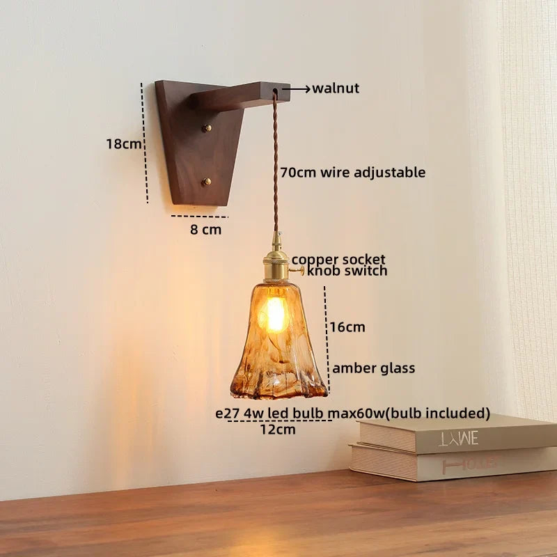 Axyaa Nordic Glass Walnut LED Wall Lights with Pull Chain Switch for Bedroom