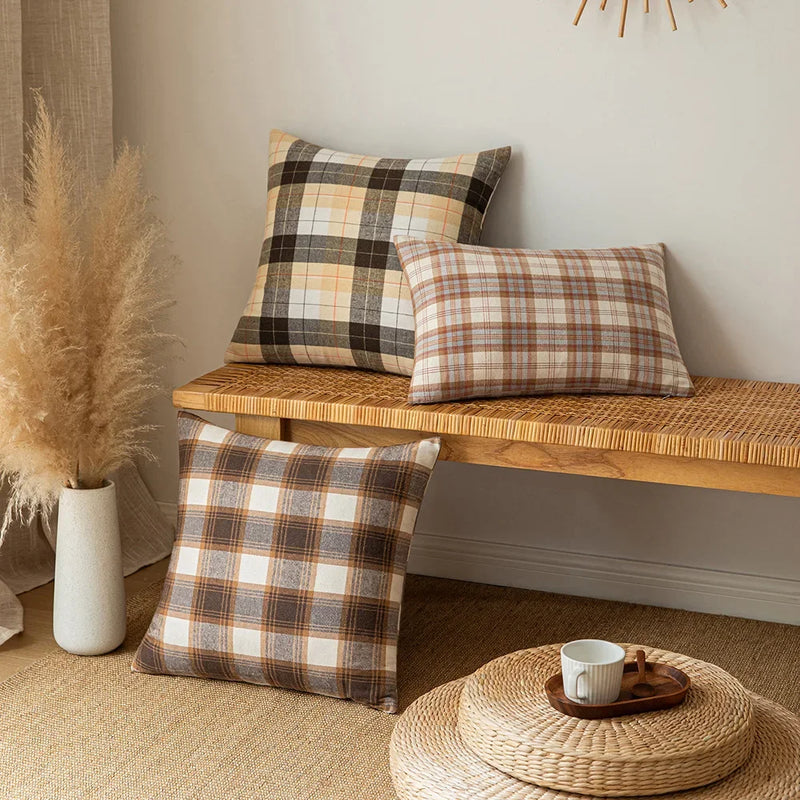 Axyaa Plaid Autumn Pillow Cover 18X18inch Brown Yellow Rustic Red Sofa Chair