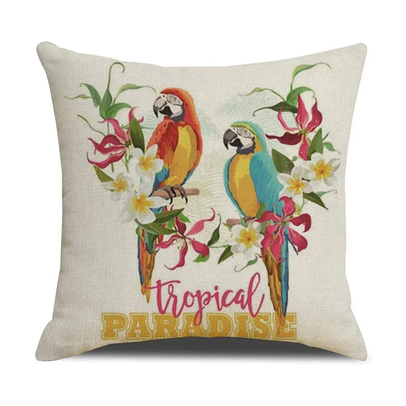Tropical Birds Linen Pillowcase Set for Decorative Throw Cushions by Axyaa