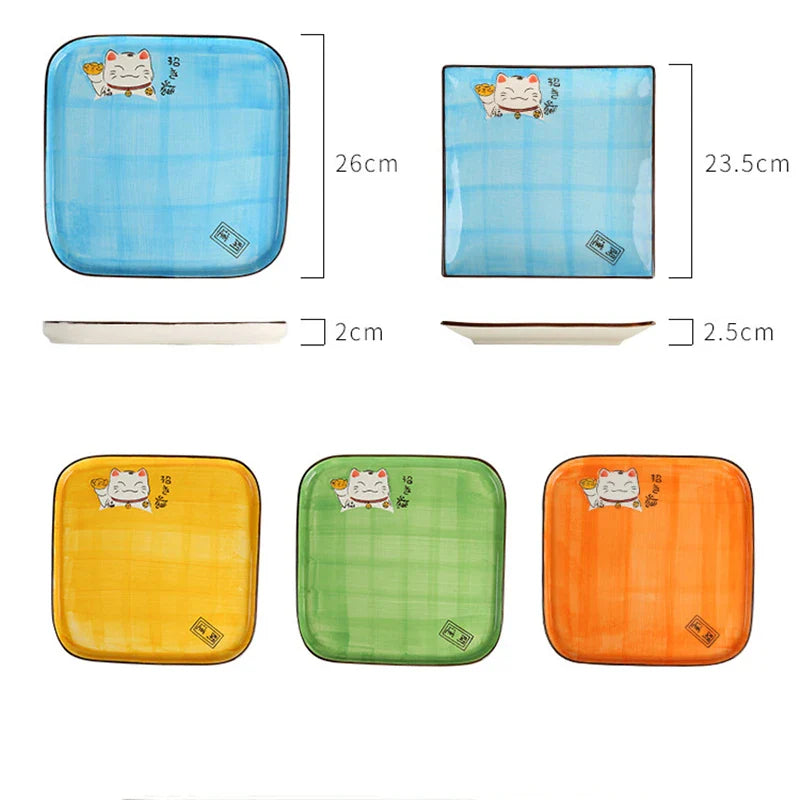 Axya Lucky Cat Ceramic Square Plate - 10.5-inch Western Food Dish