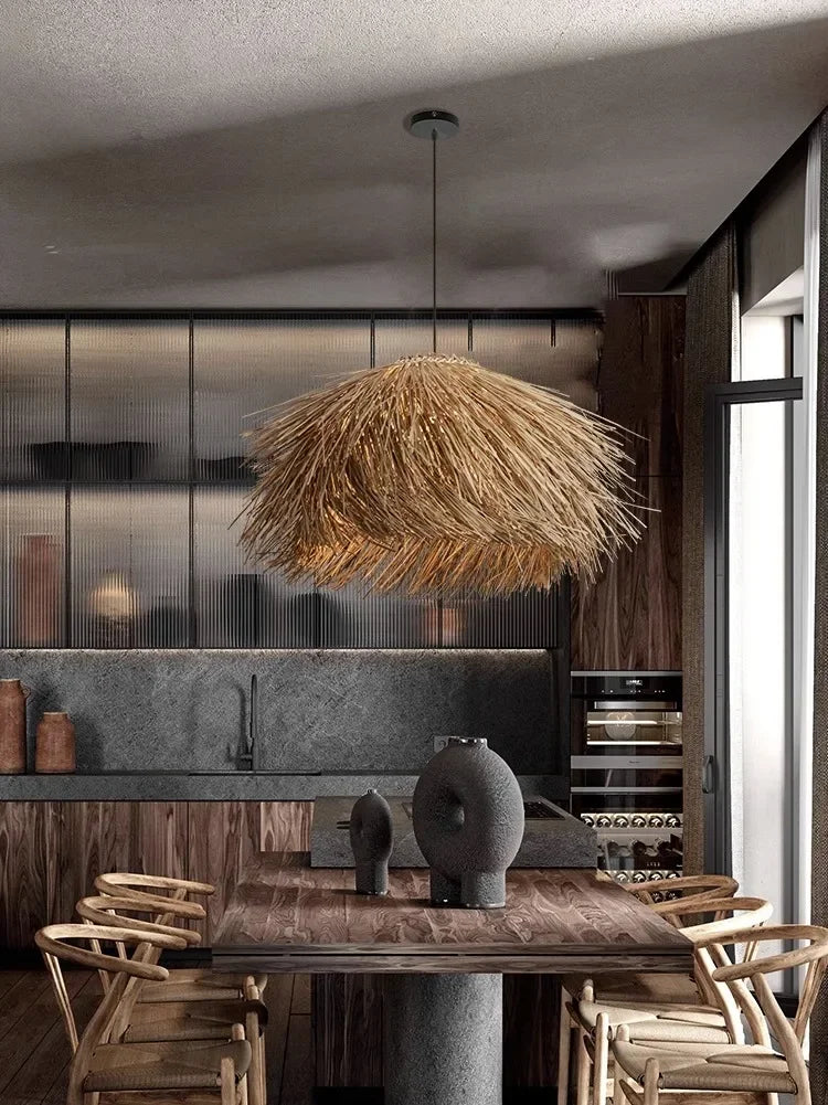Axyaa Wabi Sabi Retro LED Pendant Lights - Hand Woven Rattan Chandelier