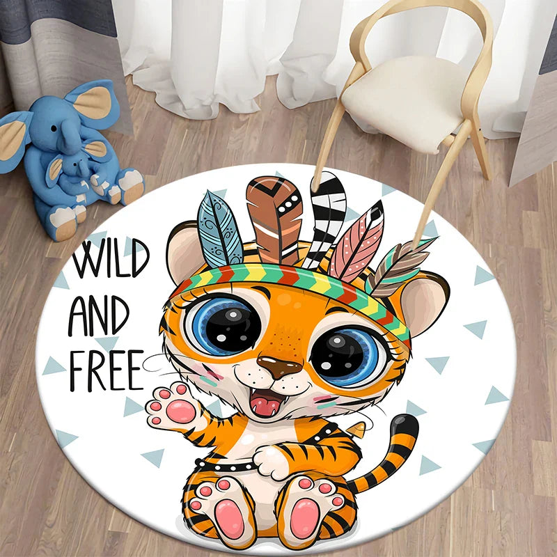 Axyaa Lion Cartoon Animal Round Carpet for Living Room Children's Bedroom
