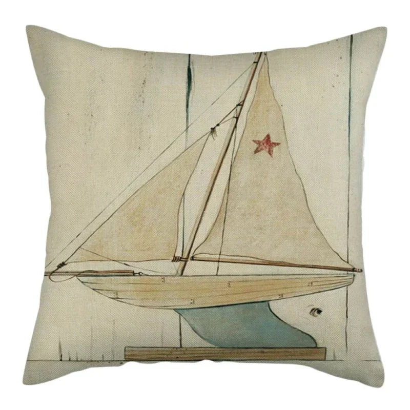 Marine Ship Print Linen Pillow Cover for Home Sofa Decor Axyaa