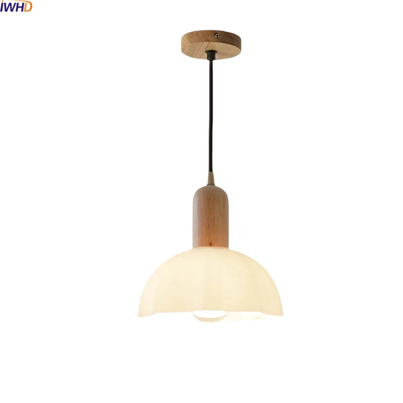 Axyaa White Glass LED Pendant Lights with Wood Handle - Modern Living Room Décor