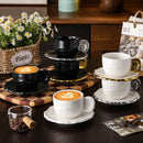 Axyaa Ceramic Embossed Coffee Cup and Saucer Set - Black White Latte Mug for Exquisite Tea