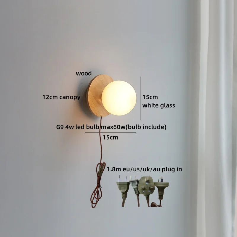 Axyaa Nordic LED Walnut Wood Glass Ball Wall Sconce with Pull Chain Switch