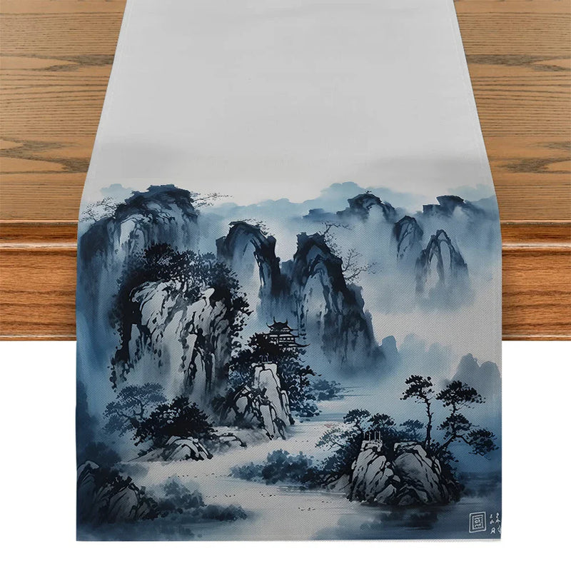 Axyaa Abstract Ink Painting Table Runner for Farmhouse Dining Decor