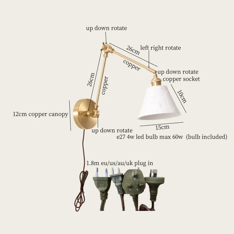 Axyaa Ceramic LED Wall Lamp Pull Chain Switch Nordic Copper Wandlamp