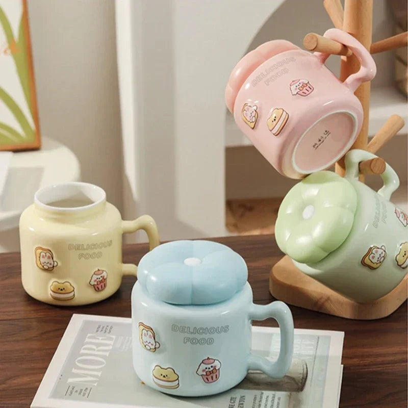 Axyaa Cartoon Ceramic Breakfast Coffee Mug with Lid for Home and Office