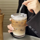 Axyaa 450ml Striped Glass Cup with Lid and Straw - Drinkware for Juice, Coffee, and Tea