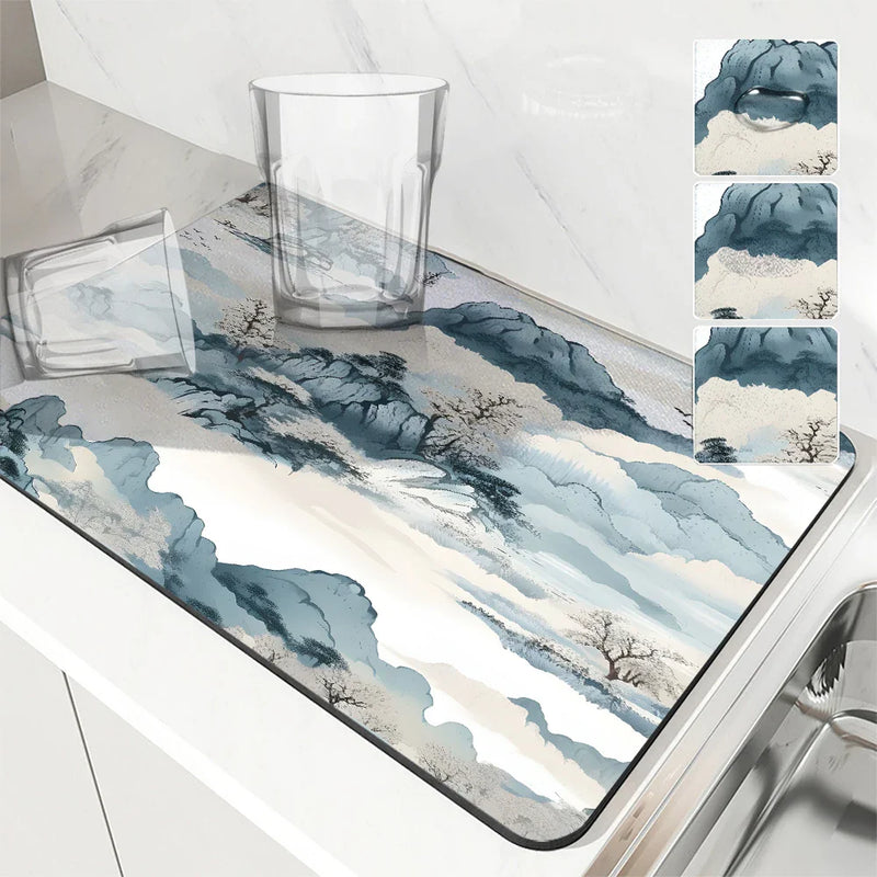 Axyaa Natural Scenery Square Dry Mat - Anti-slip & Absorbent Coffee Tablewear and Dish Drainer
