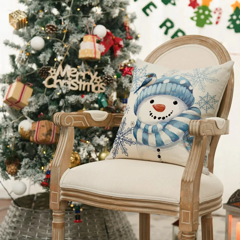 Winter Snowman Snowflake Xmas Throw Pillow Covers by Axyaa - Set of 4