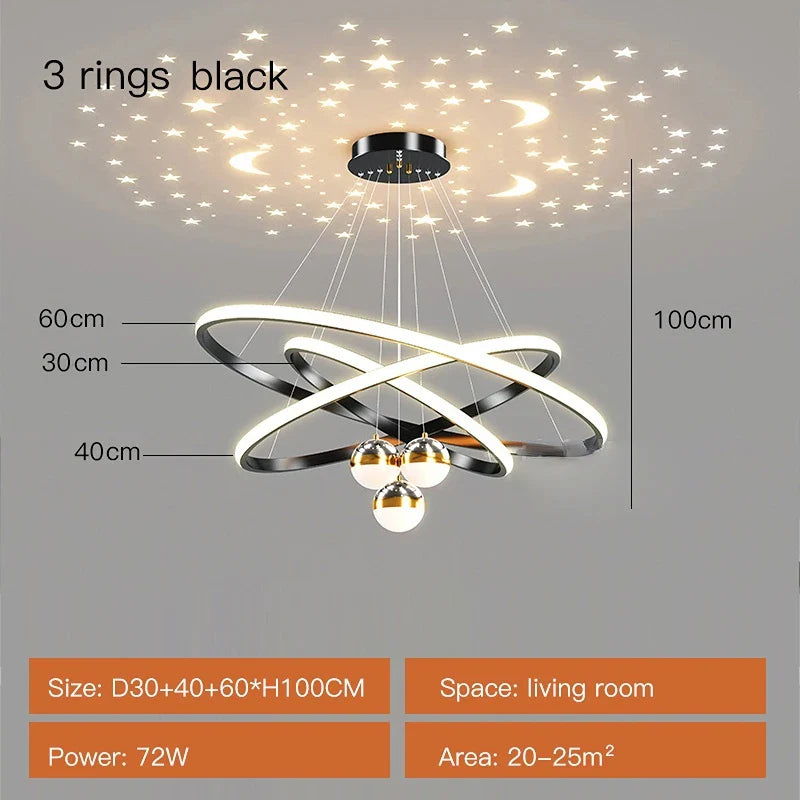 Axyaa Starry Sky Projection LED Chandelier in Black/Gold - Hanging Pendant Lights for Home