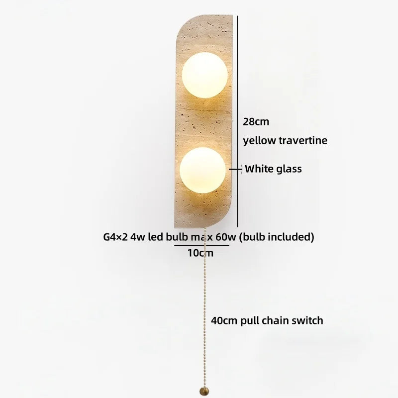 Axyaa White Glass Ball LED Wall Lamp Yellow Travertine Modern Bathroom Mirror Light