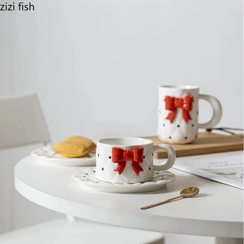 Axya Bow Knot Ceramic Cup and Plate Set for Girls - Breakfast to Afternoon Tea Mug