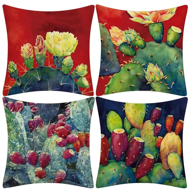 Luxurious Axyaa Succulent Cactus Flower Printed Linen Throw Pillow Case