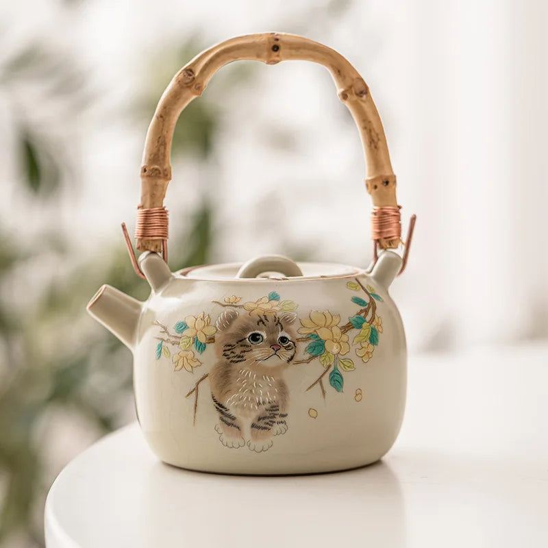 Axya Cat Doodle Teapot Kettle Set, Vintage Chinese Porcelain Tea Pot