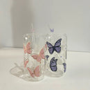 Kawaii Butterfly Glass Cup Bamboo Lid Straw 500ml Axyaa Tumbler Cup Glasses