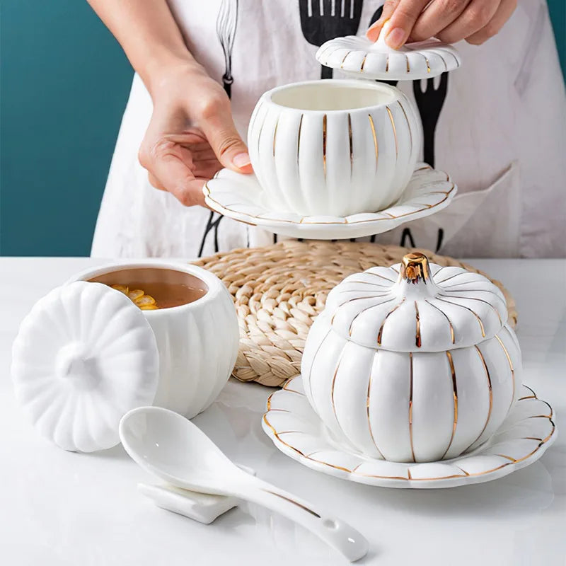 Axya Ceramic Pumpkin Cup Set with Gold Rim Cover and Spoon - Kitchen Supplies