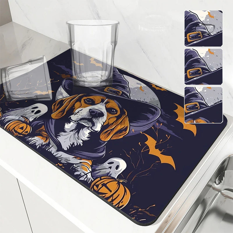 Axyaa Coffee Mat: Halloween Dog Bat Draining Pad, Quick Dry Kitchen Bathroom Drying Mat