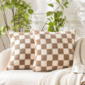 Axyaa Luxe Checkerboard Cushion Cover in Khaki Coffee Wool Faux Fur - Home Decor
