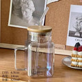 Axyaa Square Glass Mug with Bamboo Lid and Bent Glass Straw, 620ml