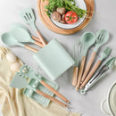 Axyaa Silicone Kitchen Utensils Set with Storage Bucket - Non-Stick, Wood Handle
