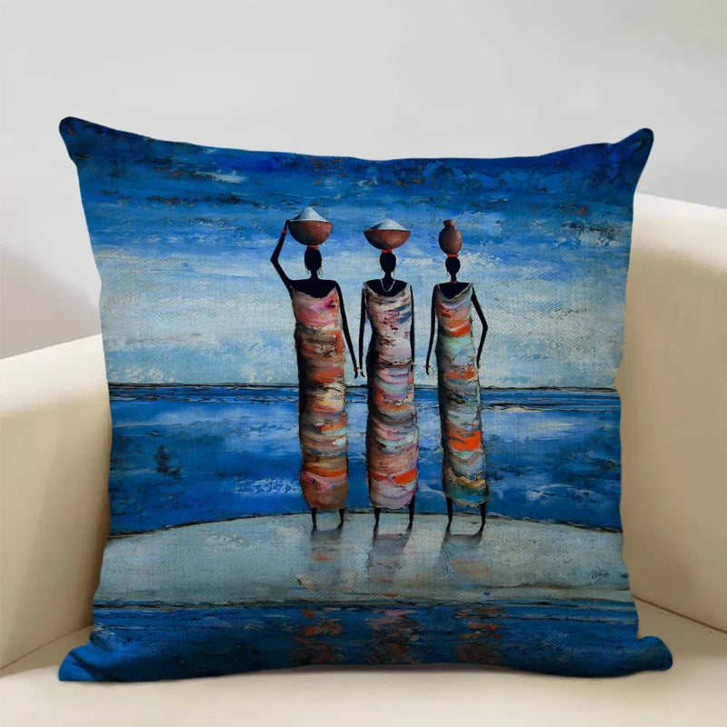 Axyaa African Oil Painting Art Pillow Case 45x45cm Linen Cushion Cover