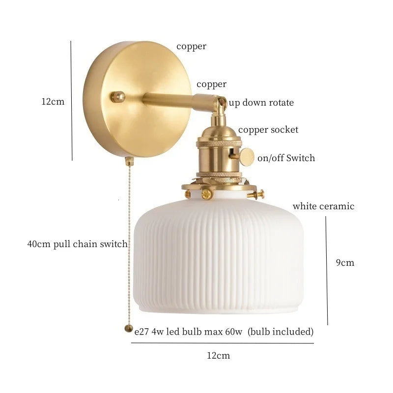 Axyaa White Ceramic LED Wall Sconce with Pull Chain Switch