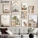 Morocco Architecture Islamic Canvas Art Print with Beige Flower Palm Tree Painting - Axyaa