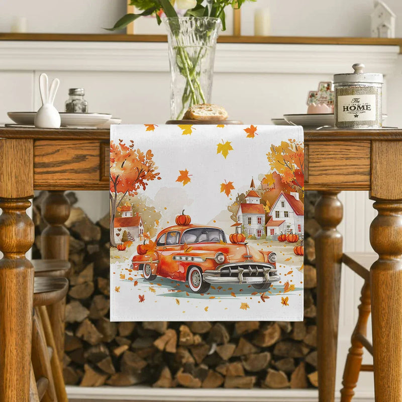 Axyaa Thanksgiving Table Runner Pumpkin Maple Leaf Decor for Dining Coffee Table