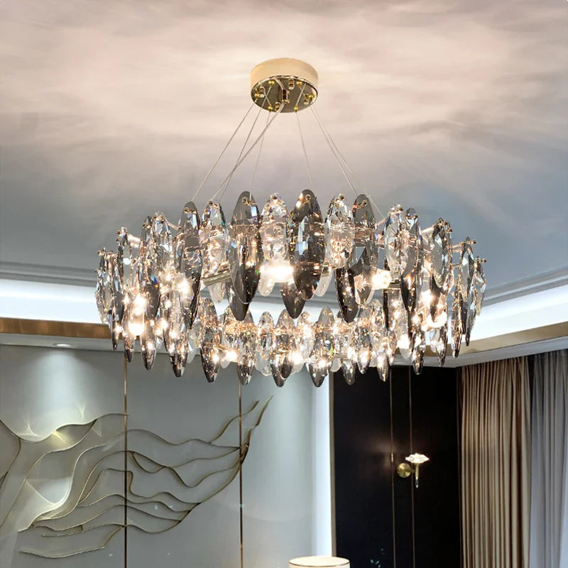 Axyaa Ash Crystal Ceiling Chandelier - Modern Living Room Pendant Lighting