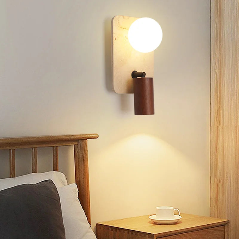 Axyaa Mid Century LED Wall Lamp Yellow Travertine Wood Light for Living Room