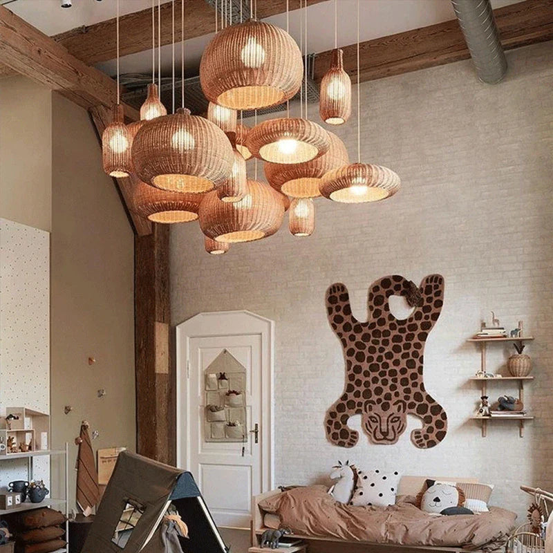 Axyaa Retro Rattan Pendant Lamp Handmade Wicker Light for Cafe Dining Room