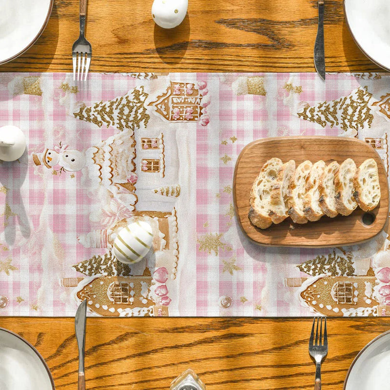 Pink House Table Runner by Axyaa: Christmas Decor for Kitchen Table, Farmhouse Style Dining Table Decoration