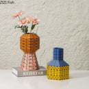Geometric Ceramic Vase with Artificial Flowers - Axyaa Aesthetic Room Decor
