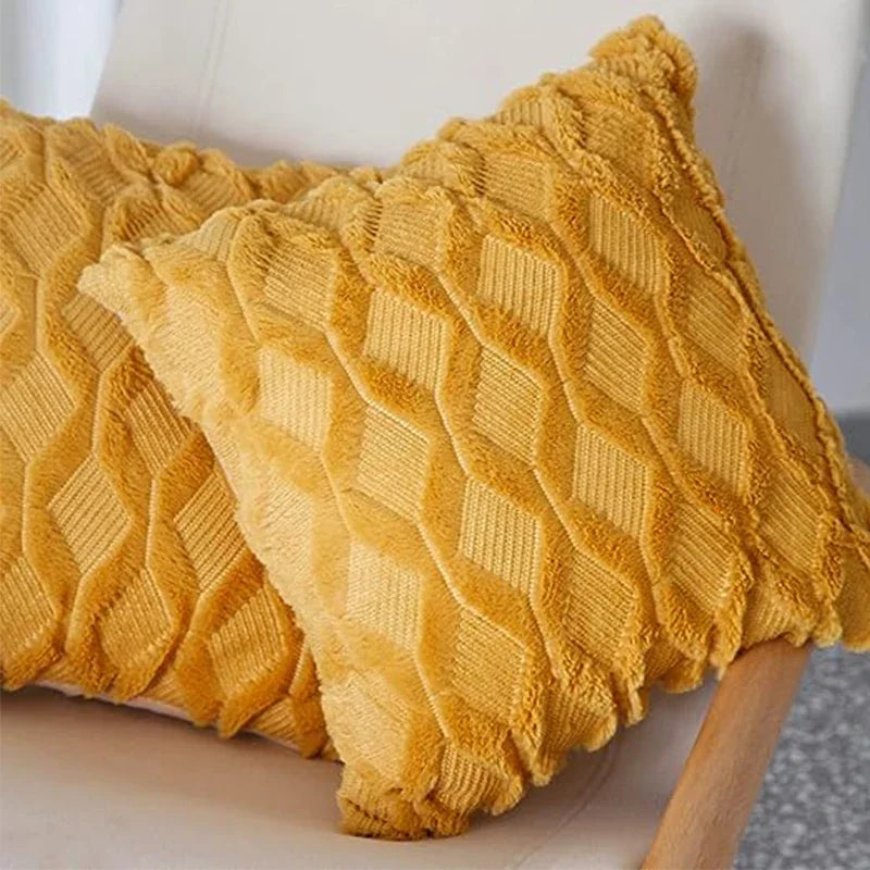 Axyaa Yellow Plush Geometry Pillow Cover 18x18inch